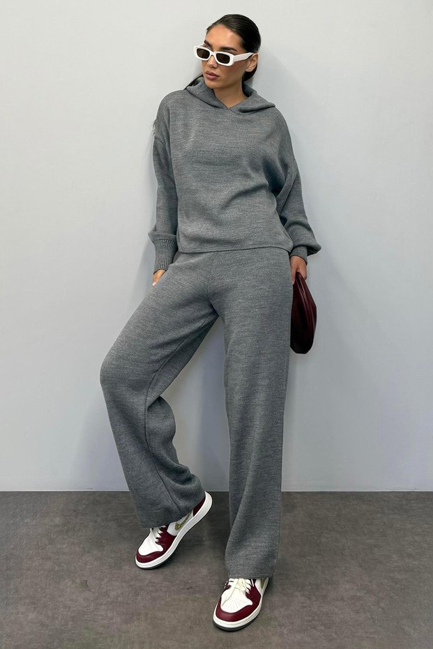 Gray Hooded Knitwear Women's Tracksuit Set Mg2237