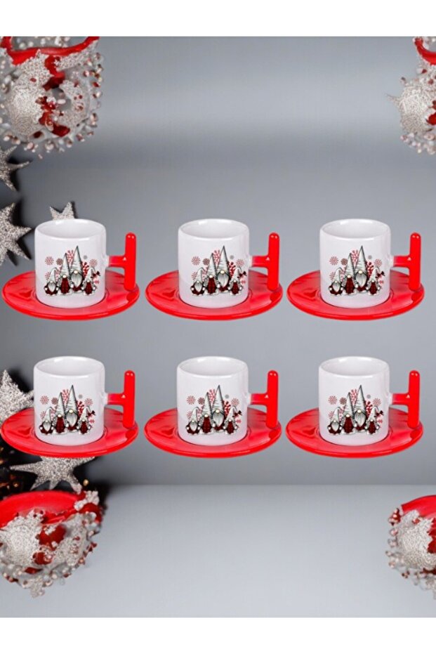 Red Gnomes New Year Image Turkish Coffee Cup Set 6 Pieces