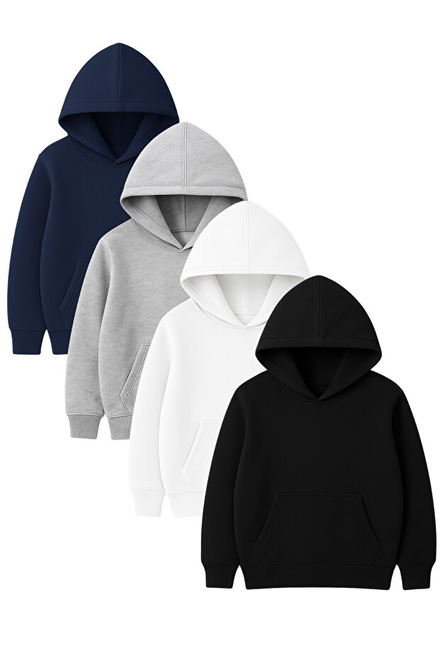 4'lü Kapüşonlu Basic Sweatshirt Seti - Düz Kışlık Şardonlu Kumaş - 1