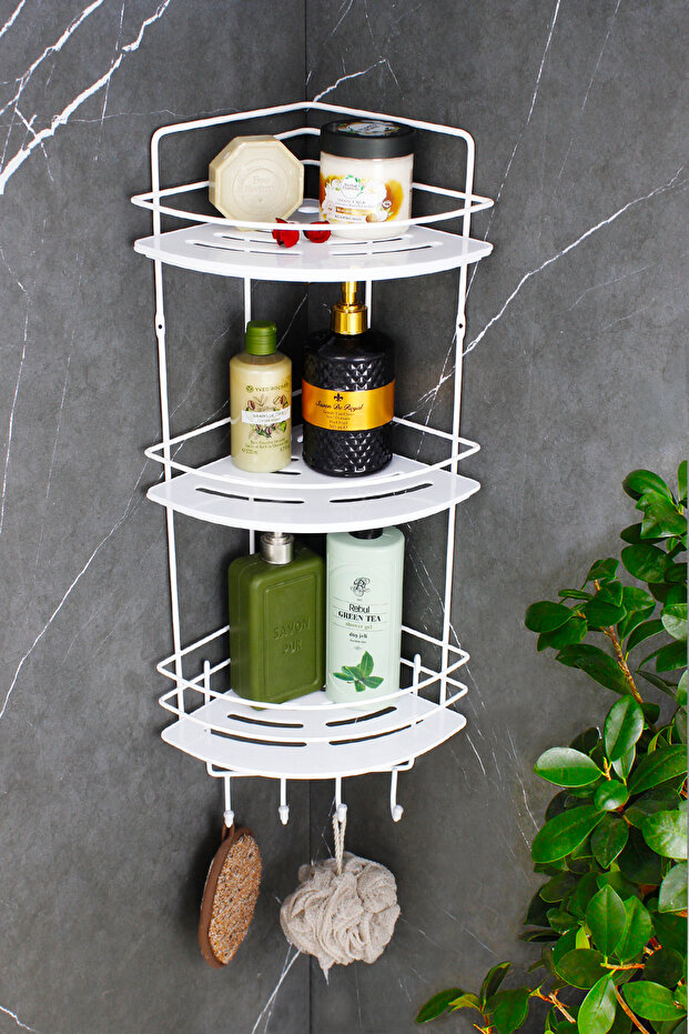White Triple Wire Shampoo Holder with Stainless Steel Wire Hanger and Crystal Shelf Adhesive Bathroom Corner Shower Shelf