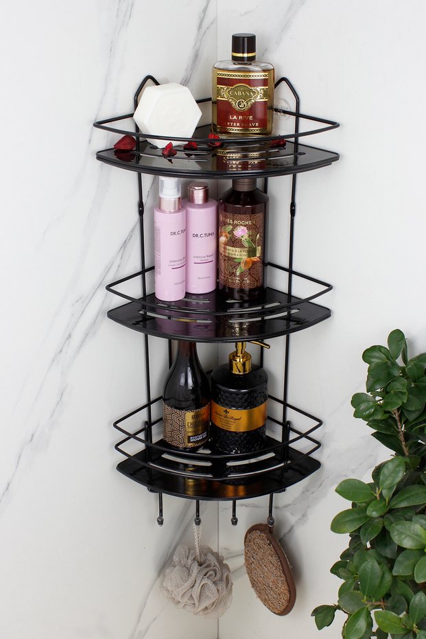 Economical Triple Black Shampoo Holder Bathroom Corner Shelf with Stainless Steel Towel Rack and Crystal Shelf