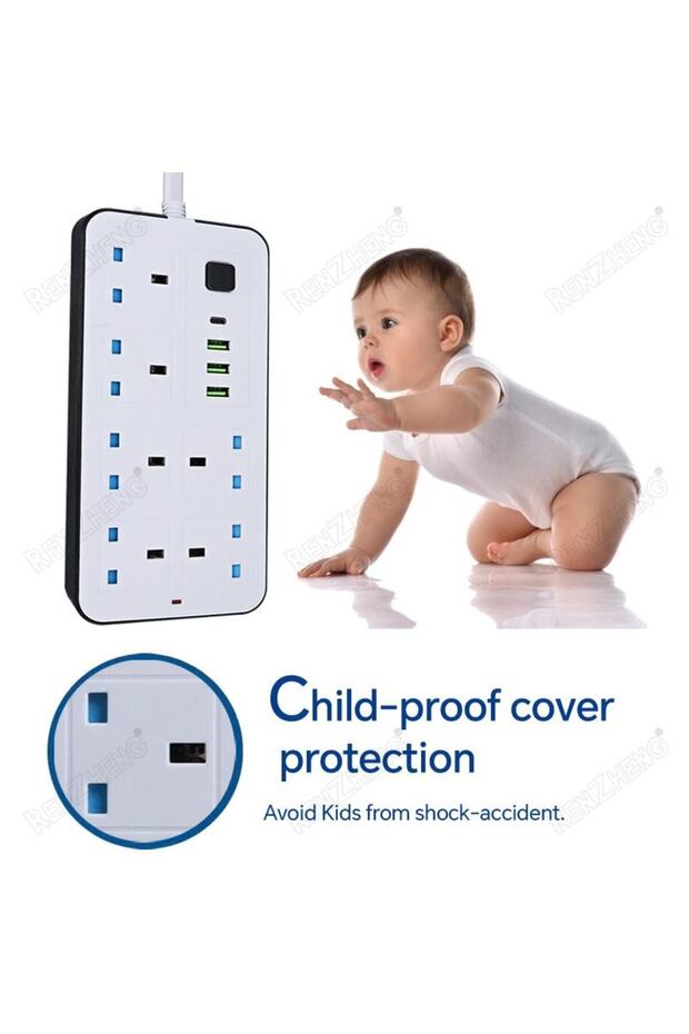 وصلة طاقة 10 في 1 بقدرة 2500 وات مع 6 منافذ تيار متردد، 3 منافذ USB + 1 منفذ PD Type-C، سلك بطول 5 أمتار، أبيض - 5