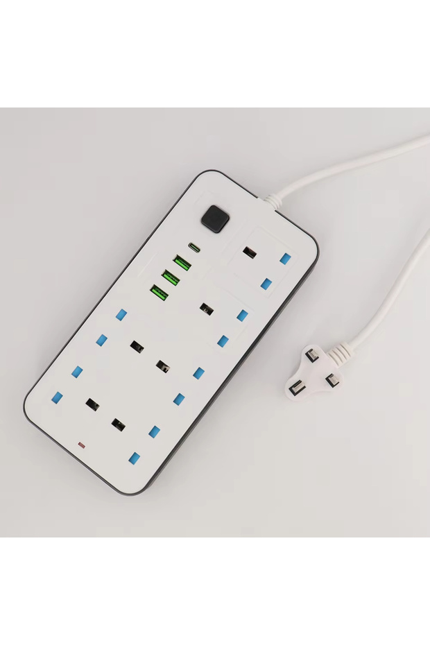 وصلة طاقة 10 في 1 بقدرة 2500 وات مع 6 منافذ تيار متردد، 3 منافذ USB + 1 منفذ PD Type-C، سلك بطول 5 أمتار، أبيض - 2