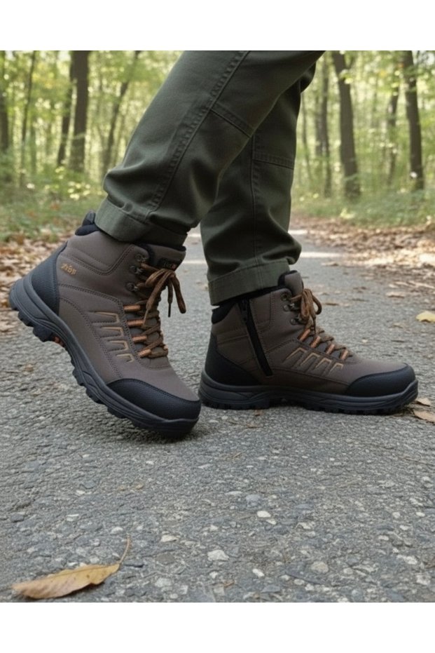 Men's Brown Lace-Up Zippered Fur Lined Water Cold Resistant Outdoor Trekking Casual Boots