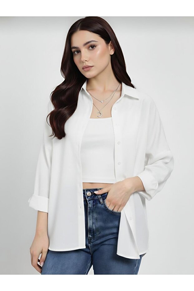 Kadın Beyaz Oversize Uzun Basic Gömlek - 1