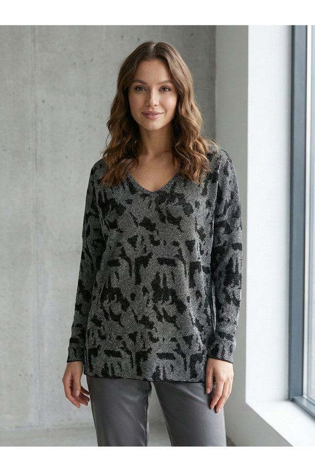 Women's Silvery Grey-black Patterned V-Neck Knitwear Sweater