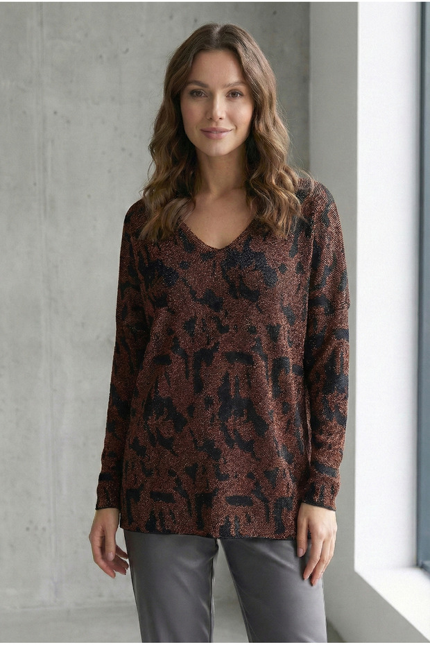 Women's Silvery Copper-black Patterned V-neck Knitwear Sweater