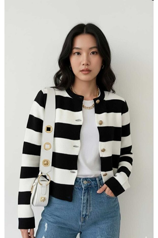 Triko Şeritli Kısa Hırka - 1