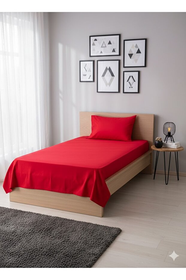 Üntaş Plain Red Single Non-Elastic Sheet and 1 Pillowcase