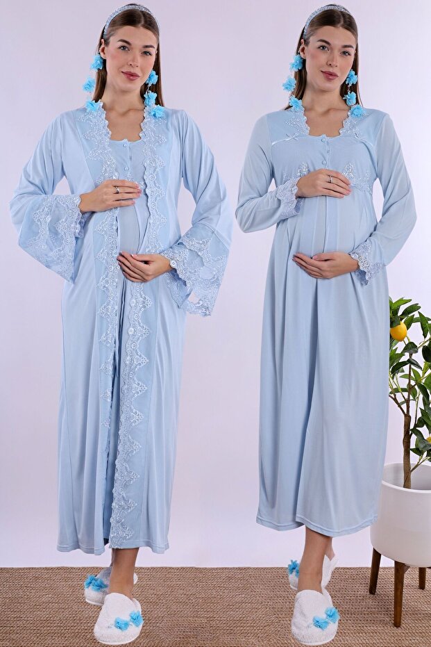 Women's Blue Maternity Nightgown Dressing Gown