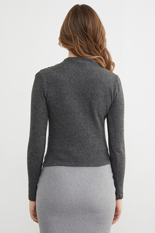 Yanı Drapeli Dik Yaka Triko Bluz - 6