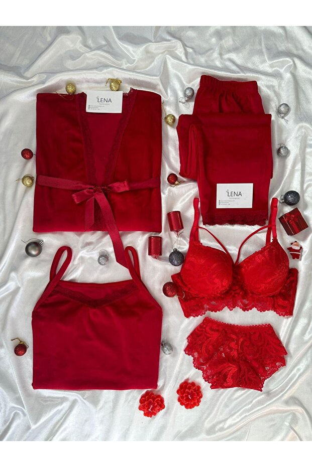 Women's Velvet Robe Pajama Set with Red Lingerie