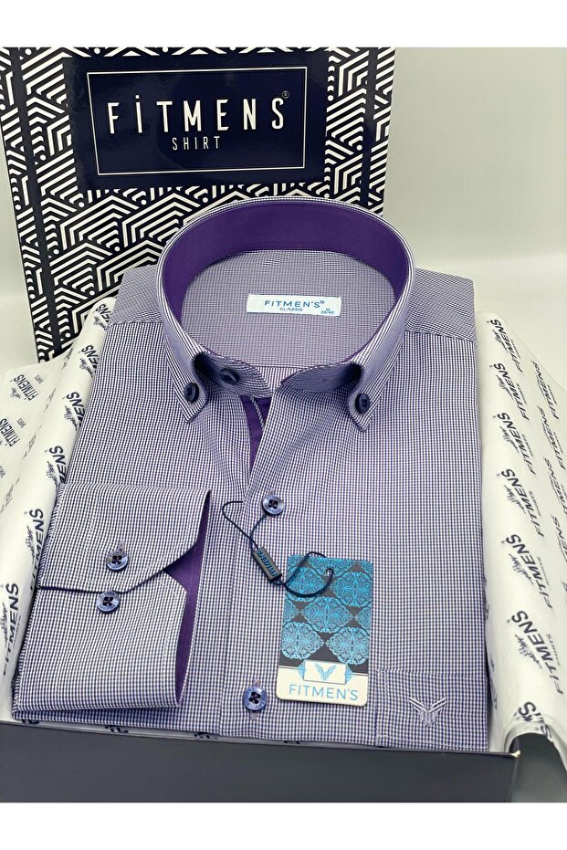 Classic Long Sleeve Plaid Collar Buttoned Men's Shirt with Gift Box Fs-002273 - Purple