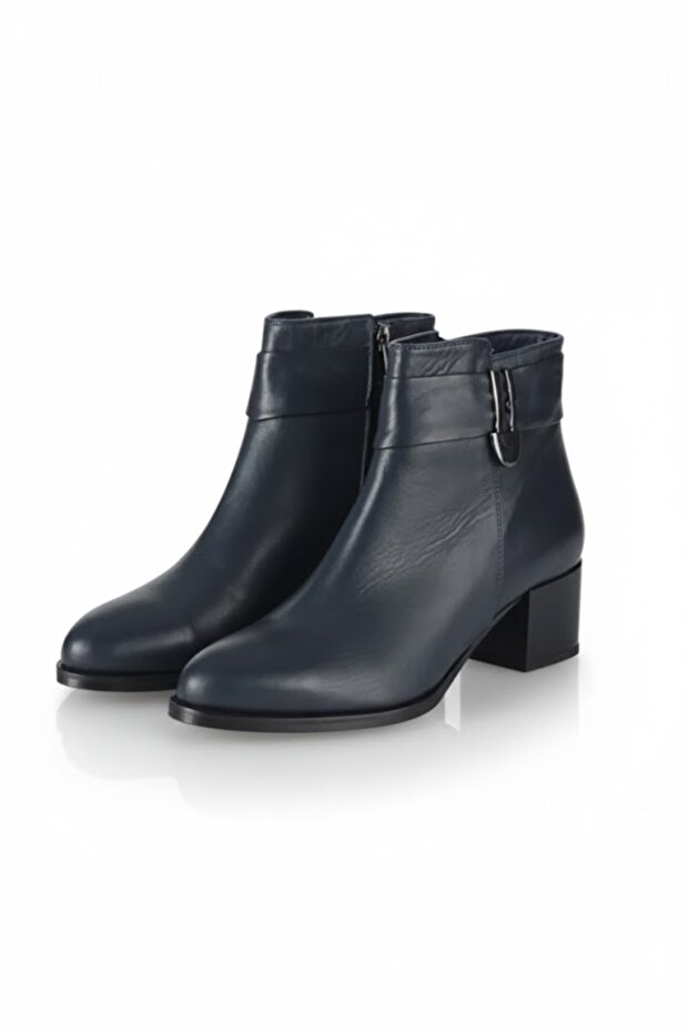 Women's Navy Blue Genuine Leather Ankle Buckle Boots 717