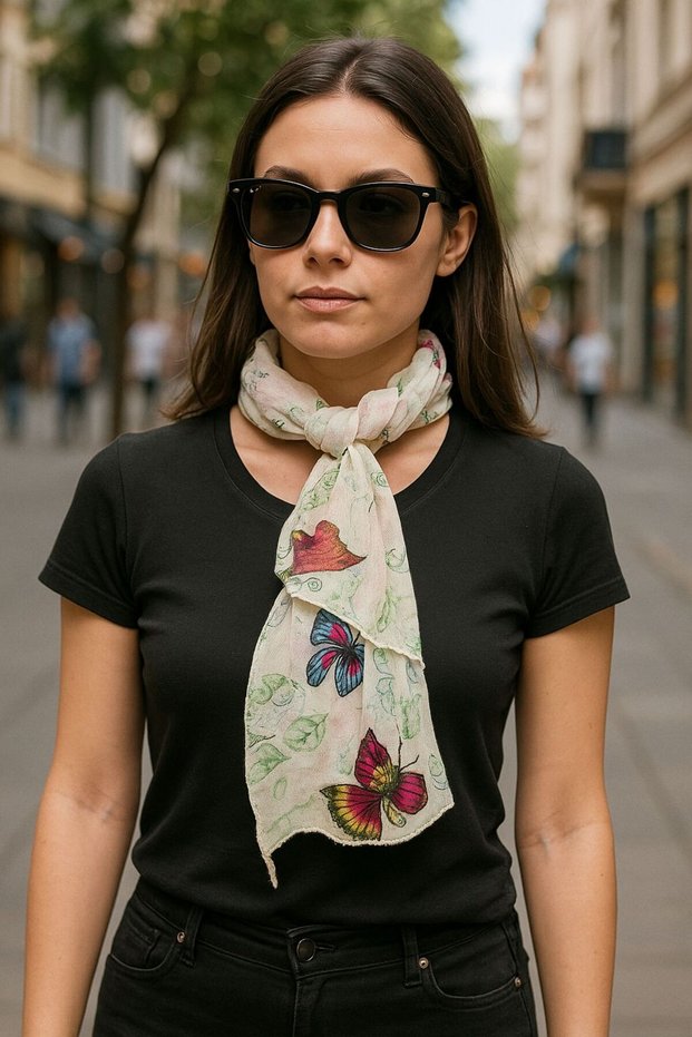 155X20 cm Butterfly and Floral Women's Scarf Lila