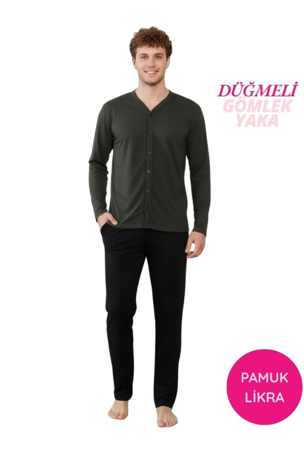 Men's Khaki V-Neck Front Buttoned Cotton Lycra Transitional Long Sleeve Pajama Set with Pockets