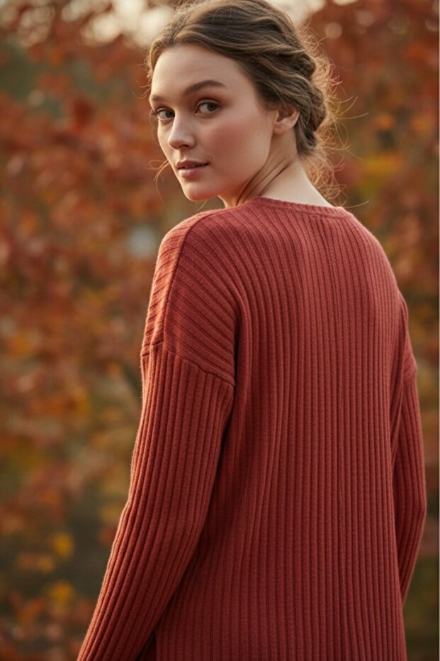 Kiremit Pamuklu Fitilli Kadın Bluz Pantolon İkili Takım - 7