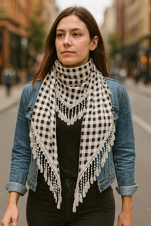 PLAID GIPPERED TASSELED SCARF SHALS STANDARD SIZE Ecru