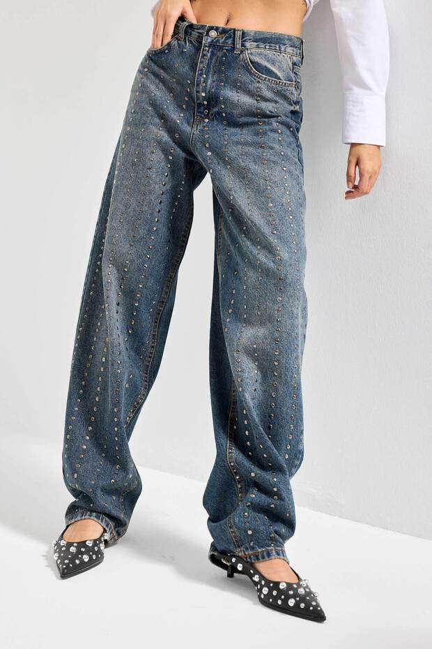 Women's Denim Color 2w48 Stone Detail Skater Fit Design Denim Jeans