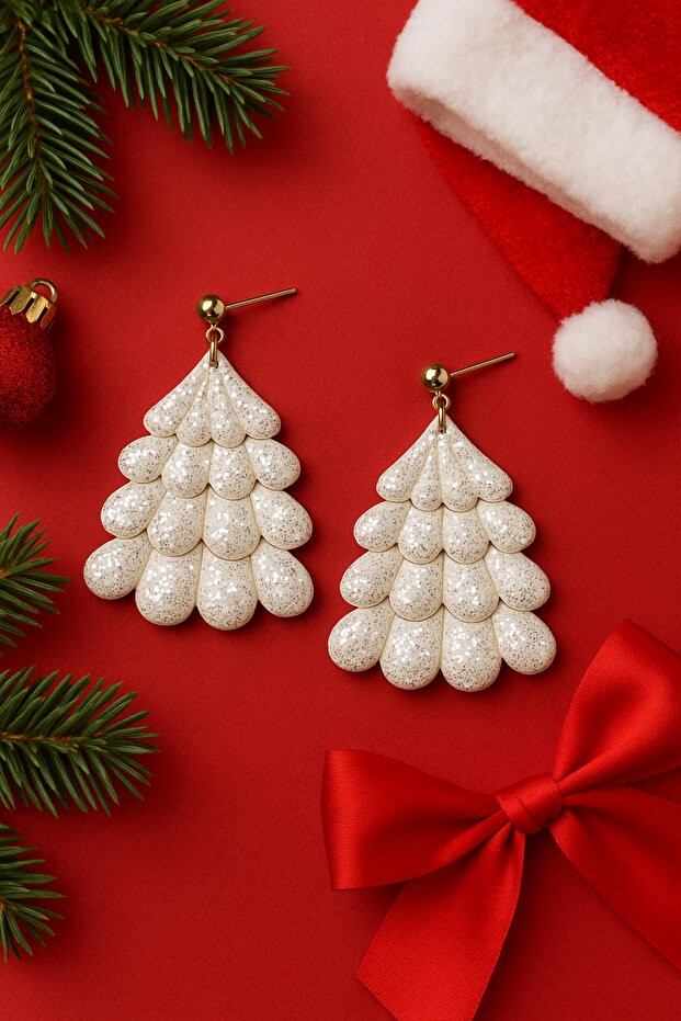 Frosted Sparkling Silver Pine Tree Design Handmade Polymer Clay Earrings