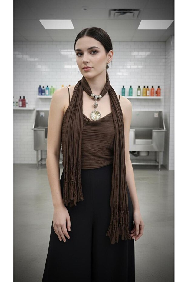 Glass Stone Necklace Scarf Combed Cotton Tassel Neck Tie Brown