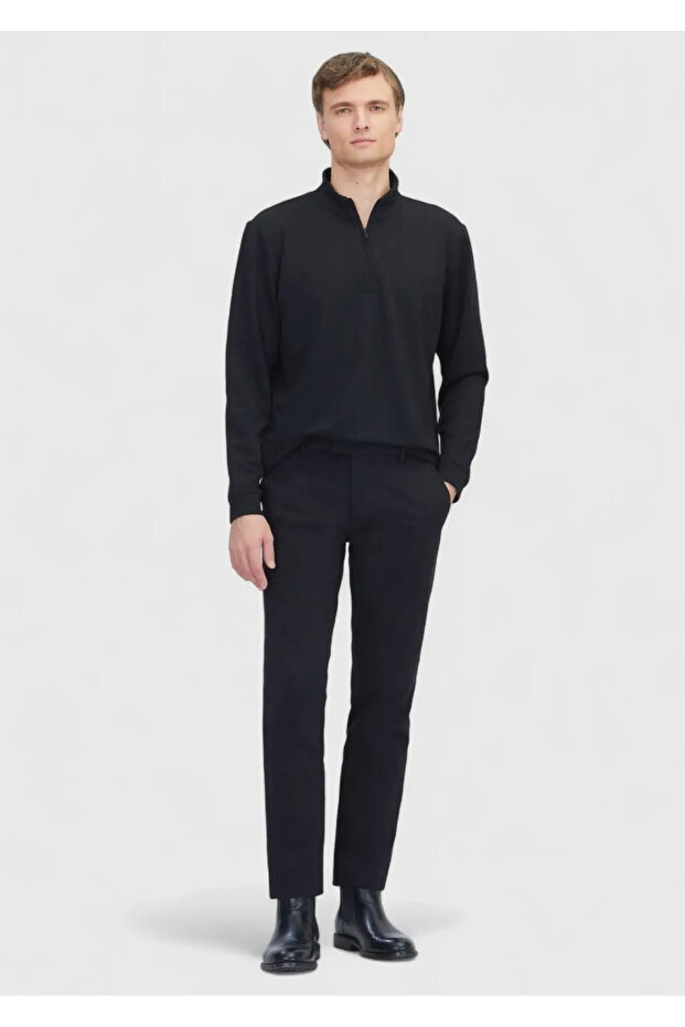 Siyah Dik Yaka Düz Sweatshırt - 2