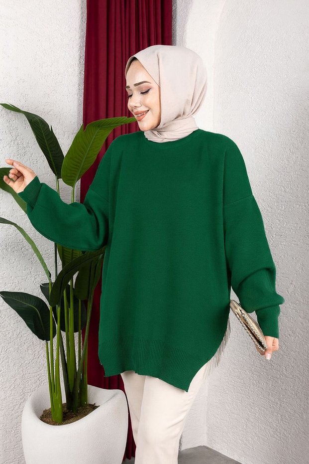 Women's Testtür Clothing Crew Neck Slit Stone Balloon Sleeve Oversized Knitwear Tunic