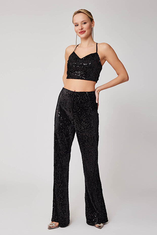 İspanyol Paça Yüksek Bel Pullu Pantolon - 9