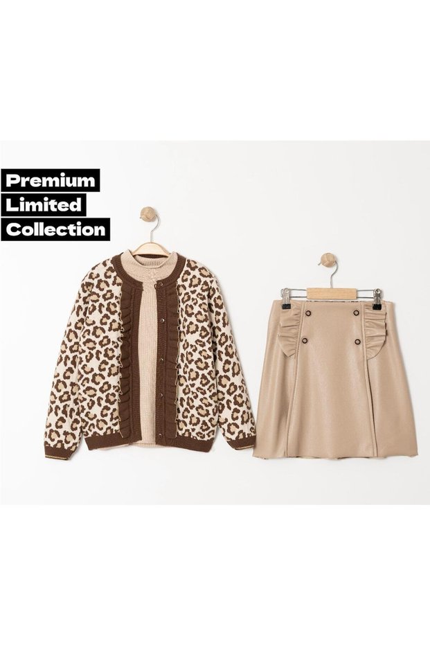 Leopard Buttoned Cardigan, Modal Fabric Body and Faux Stylish Skirt 3-Piece Set