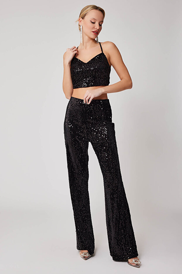 İspanyol Paça Yüksek Bel Pullu Pantolon - 6