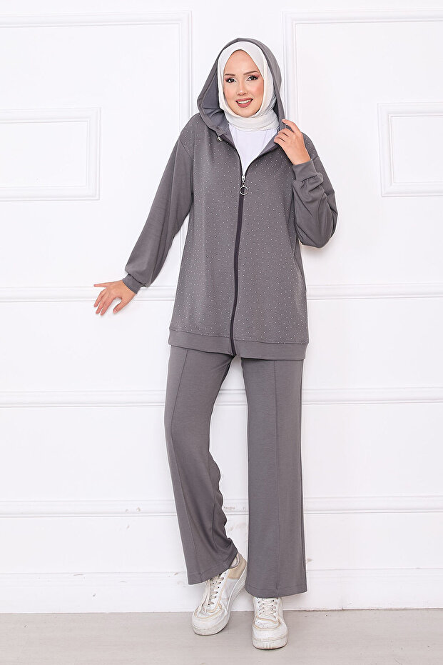 Serpme Taşlı Zippered Soft Double Suit