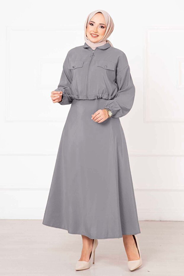 Skirted Double Suit Light Gray
