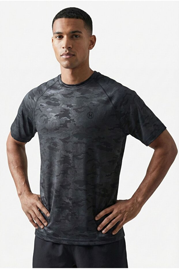 Camouflage Printed Black Raglan Sleeve Regular Cut Sports T-Shirt