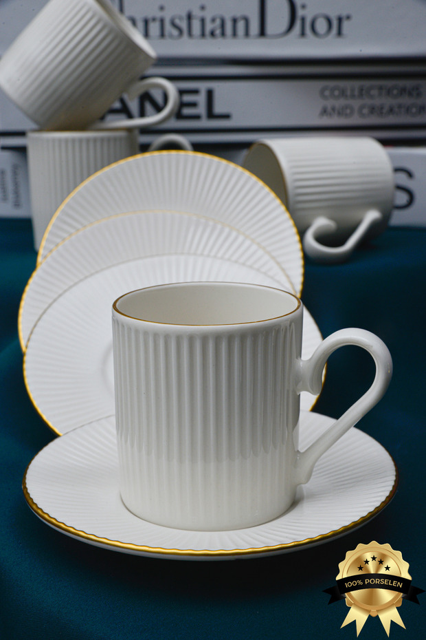 Elif 4-Piece 2-Person Gold Gilded Porcelain Coffee Cup Set Off White