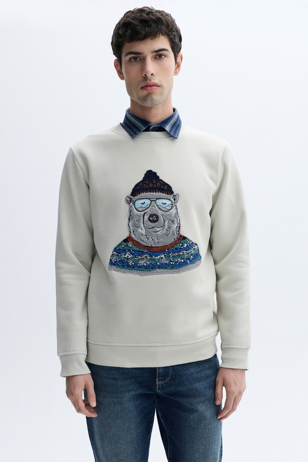 Men's Stone Color Embroidered Crew Neck Sweatshirt