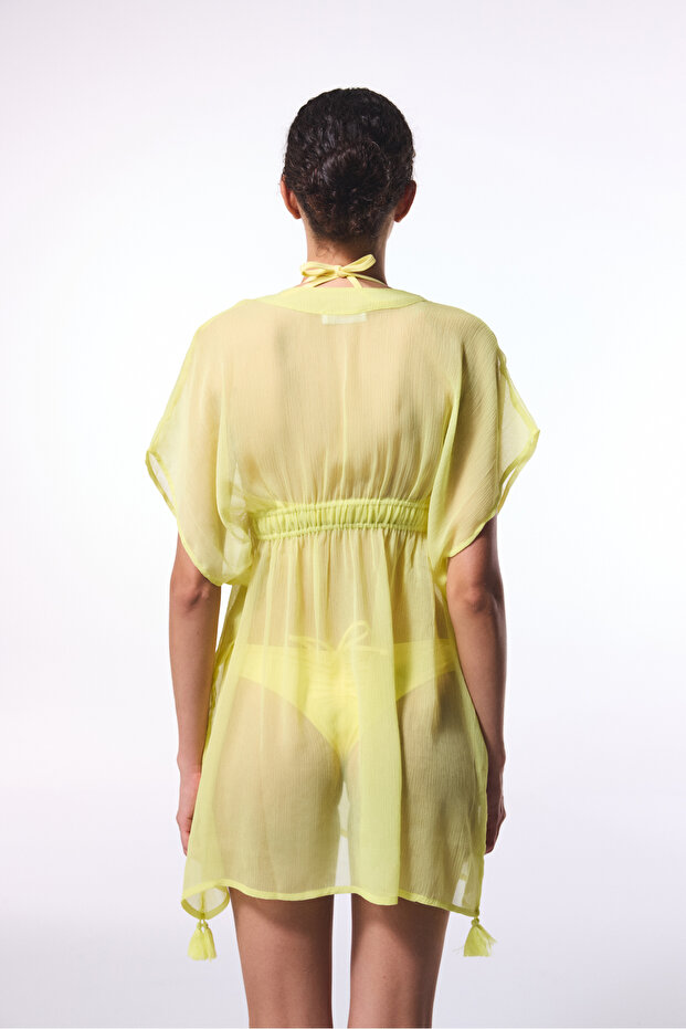 Sarı Basic Şifon V Yaka Mini Kaftan - 2