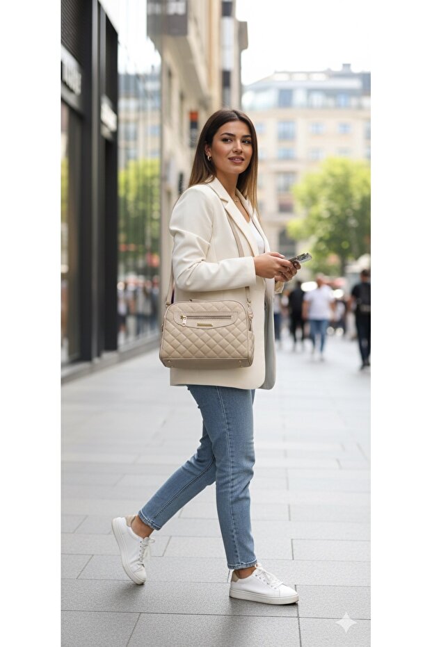 Double Compartment Quilted Women's Bag with Zipper Detail