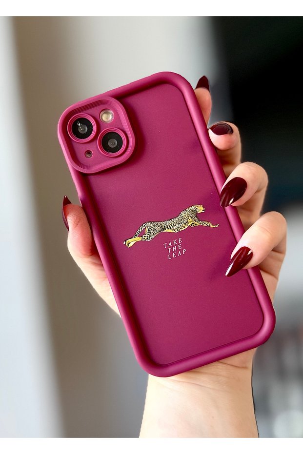 iPhone 15 Leopard Printed Burgundy Color Shockproof Case