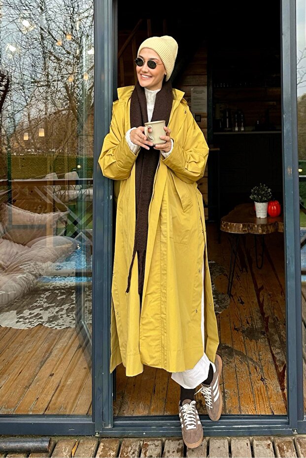 Kapüşonlu Oversize Yağmurluk Sarı - 3