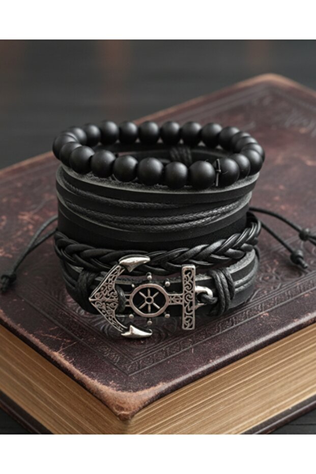 5-Piece Men's Bracelet with Marine Anchor Figure Genuine Leather Bracelet Onyx Bead Bracelet