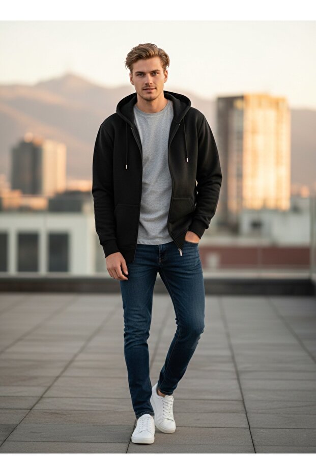 Black Fleece Jacket with Hooded Zipper Pockets