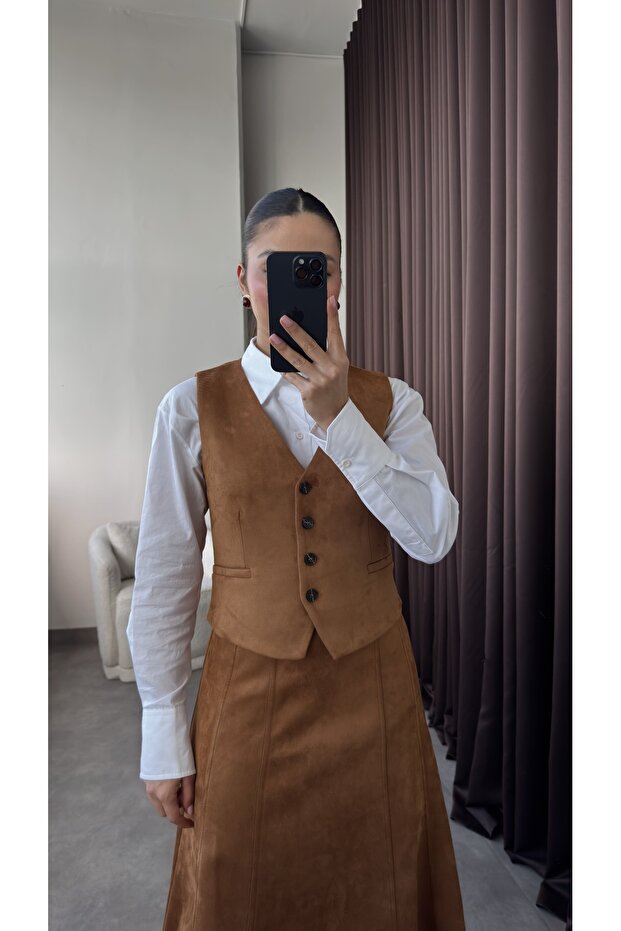 Kadın Taba Süet Yelek - 1