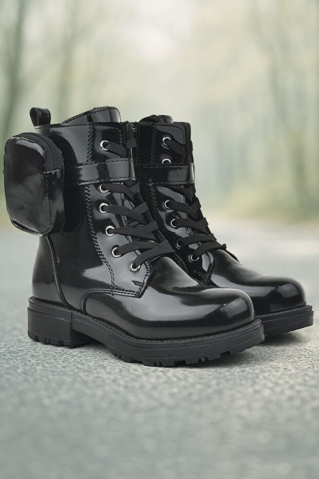 Black Patent Leather Zippered Lace-up Wallet Girl's Boots