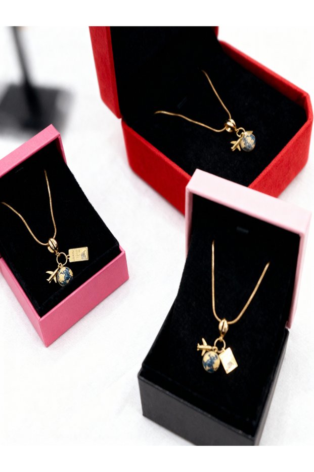Stainless Steel Gold Color Three Charm Travel World Airplane Manifest Necklace (45cm)