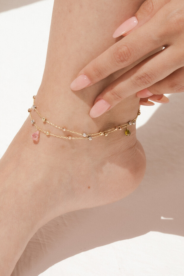 14 Ayar Altın Çift Zincir Ve Dorikalı Halhal - 1