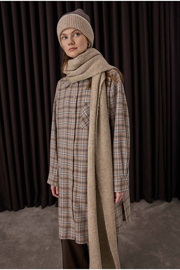 Düz Örgü Atkı Açık Vizon - 1