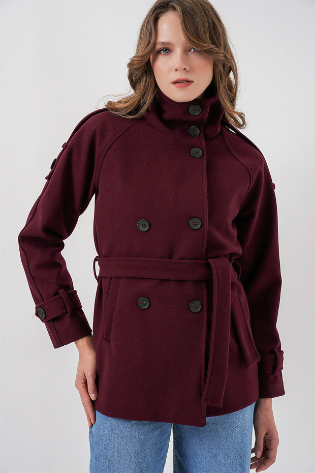 Women's Belted Cashmere Coat 9162 - Burgundy