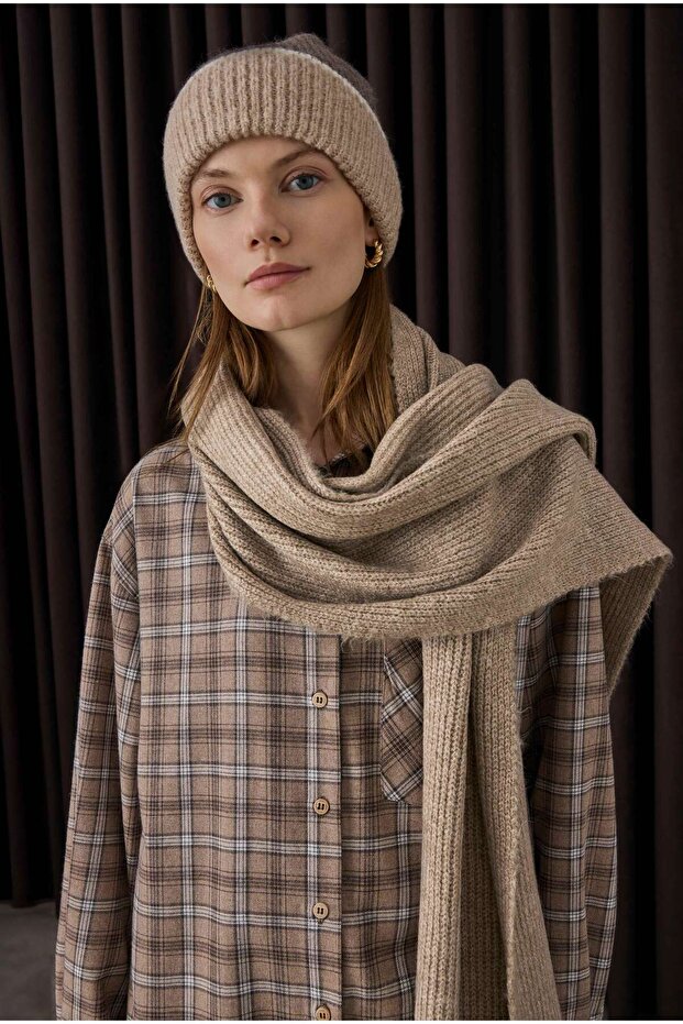 Düz Örgü Atkı Açık Vizon - 2