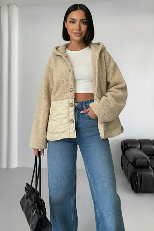 Women's Beige Hooded Oversize Teddy Plush Quilted Jacket Coat