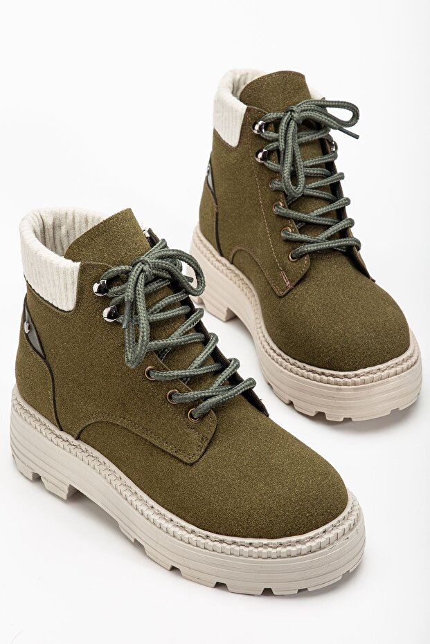 Women's Khaki Cat Lace Detailed Boots